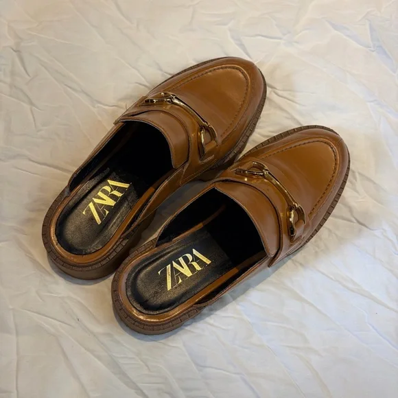 Zara Brown Leather Horsebit Mule Loafers - Picture 5 of 7